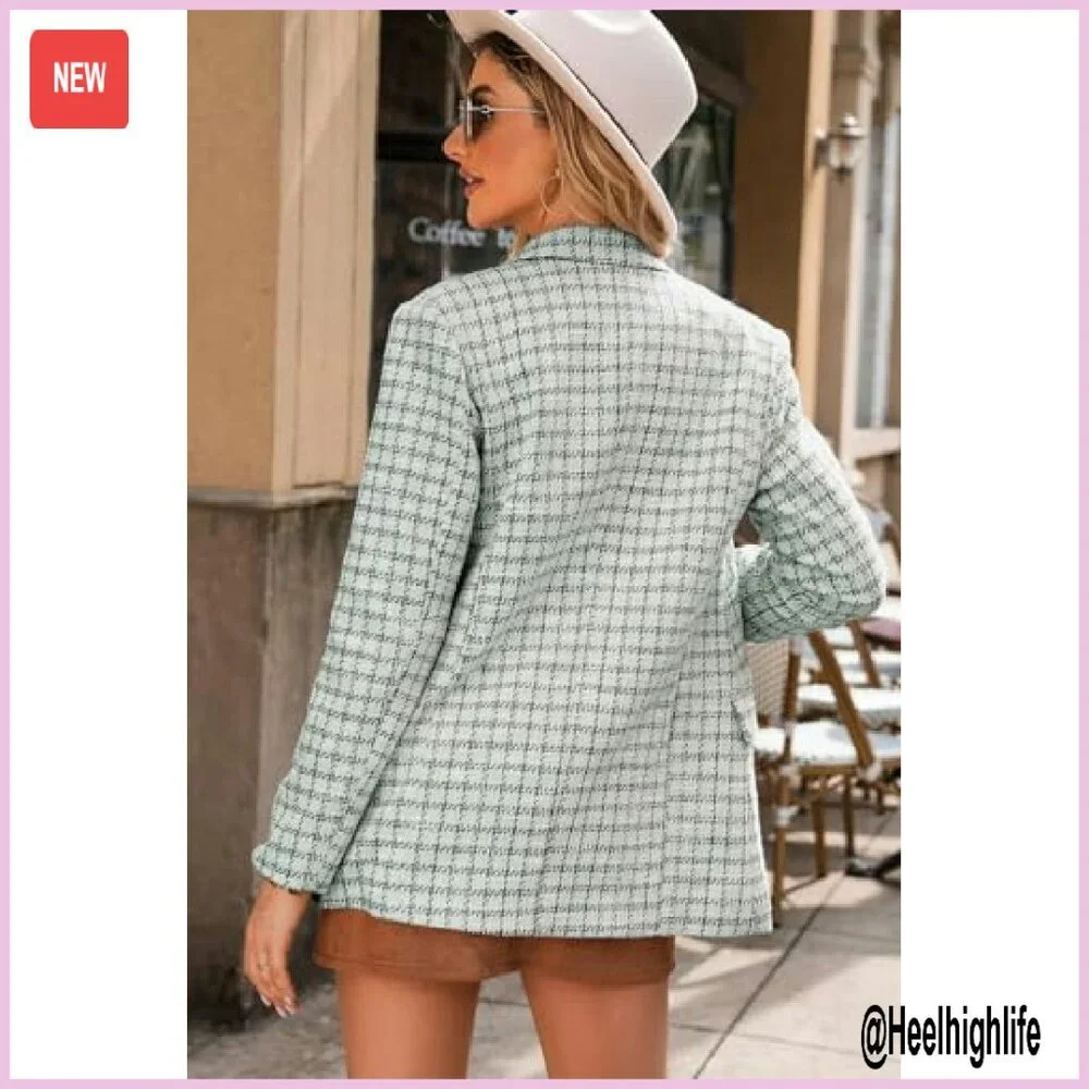 Women's Plaid Tweed Blazer Double Breasted Open Front Work Jacket - Picture 6 of 8